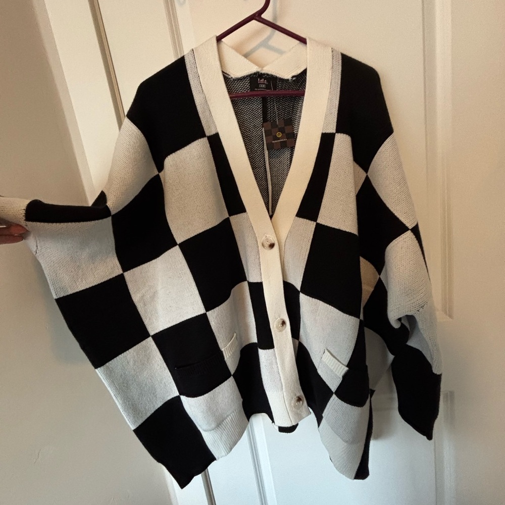 Dressed in Lala Love You Oversized Checkerboard Cardigan in Black + White - Picture 2 of 5